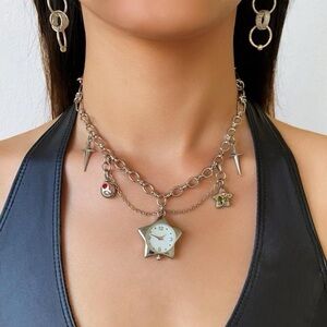 HANDMADE Stainless Steel Silver Chain Star Celestial Y2K “Working Watch Necklace